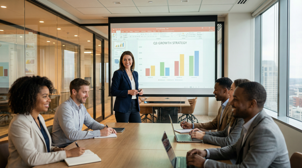 Photorealistic image of a professional business presenter in a modern office, confidently presenting
