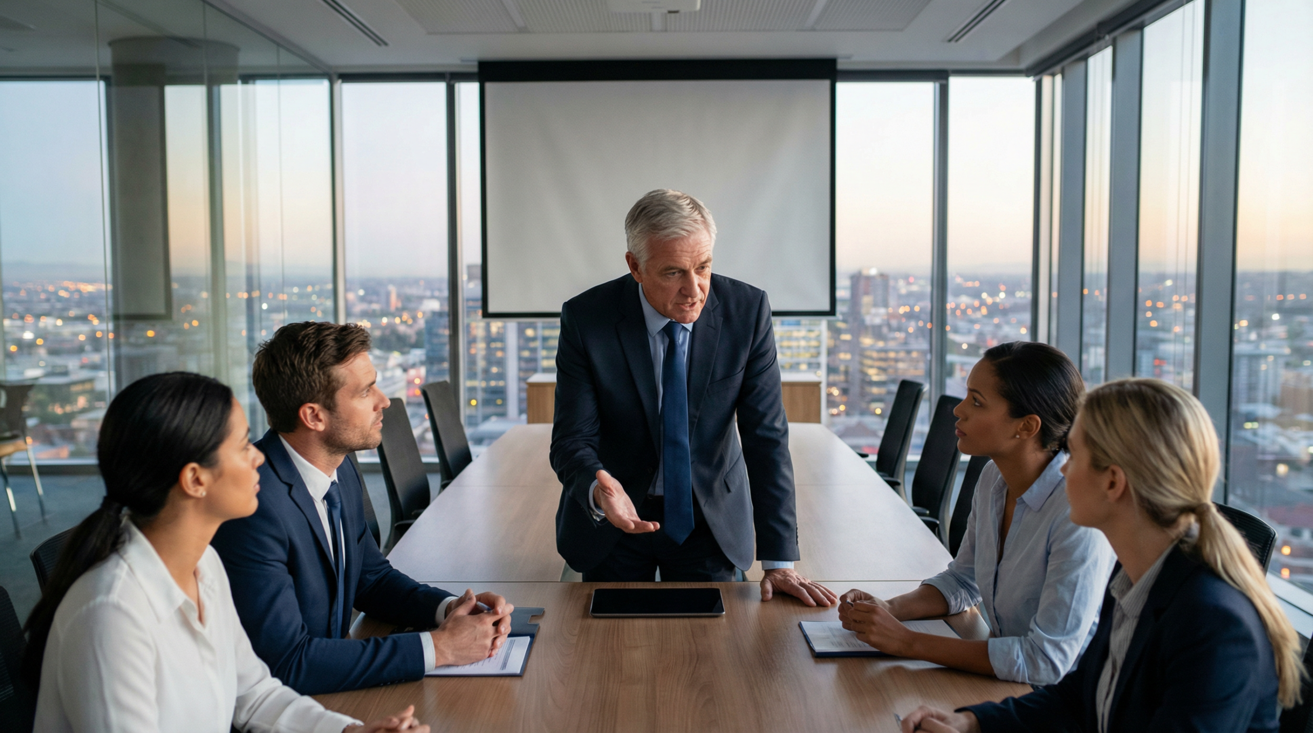 Senior executive presenting decisively to boardroom colleagues