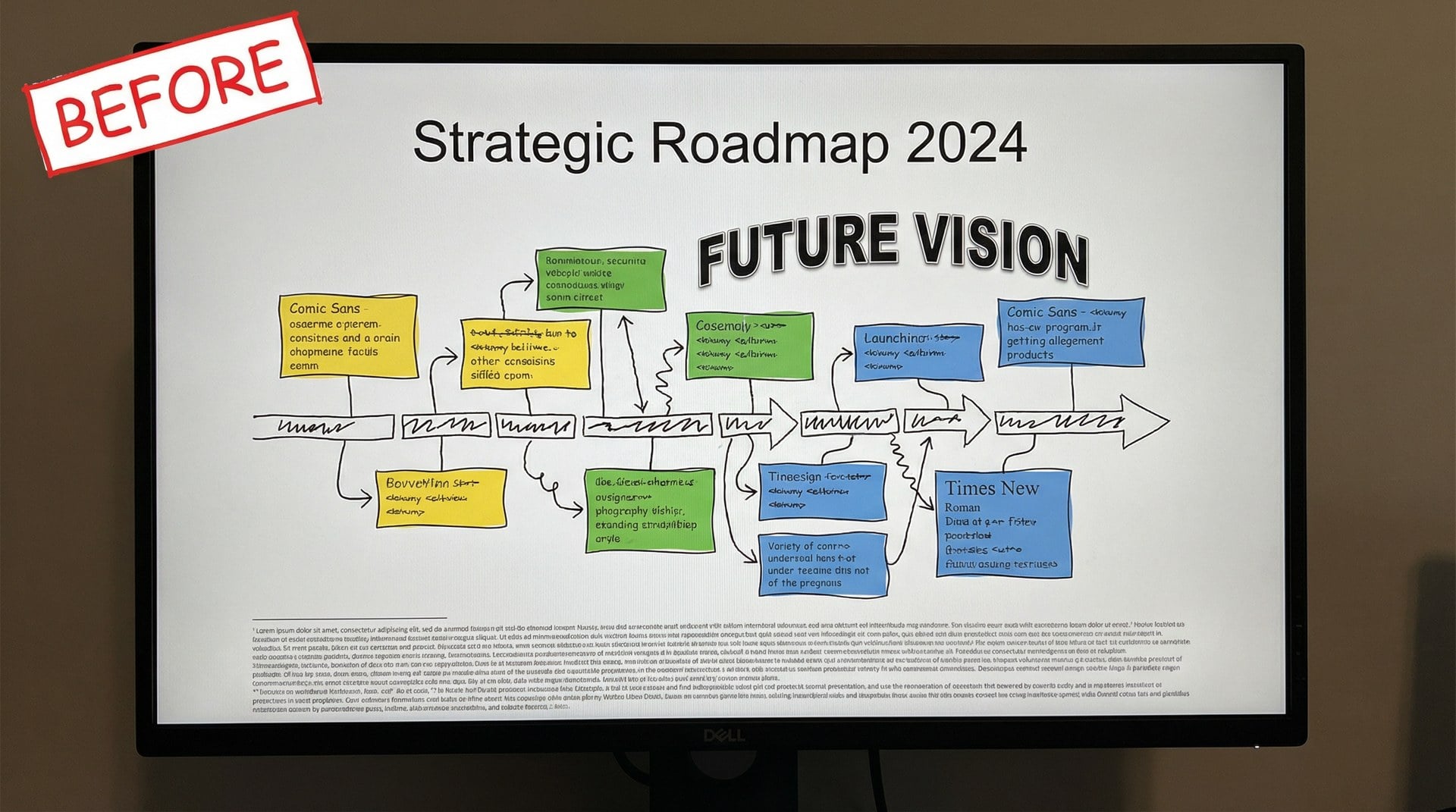 Before: Poorly designed corporate roadmap slide