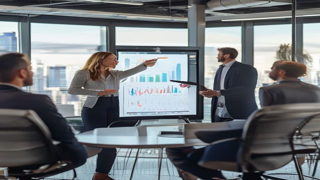 Founder pitching startup idea with investor-ready presentation deck in modern office