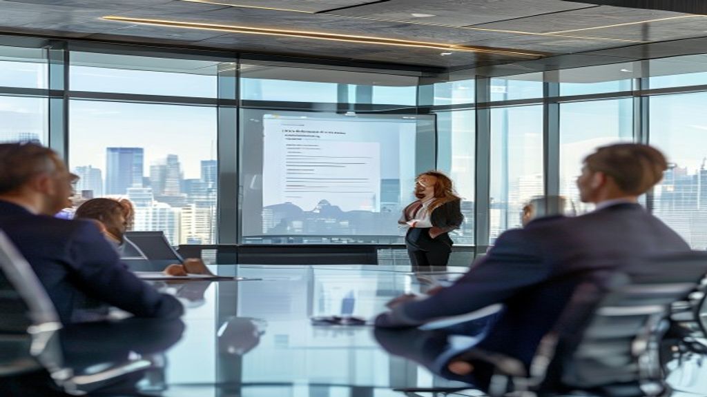 Business professional delivering persuasive presentation with clean slides to engaged executives