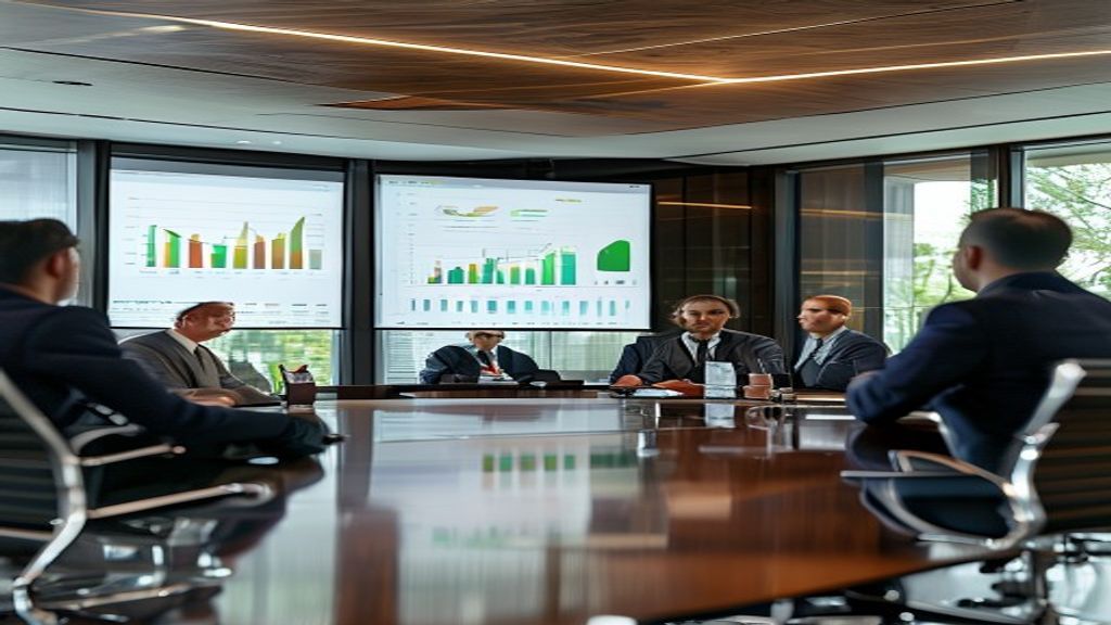 Financial professional presenting data charts and metrics in executive conference room boardroom setting