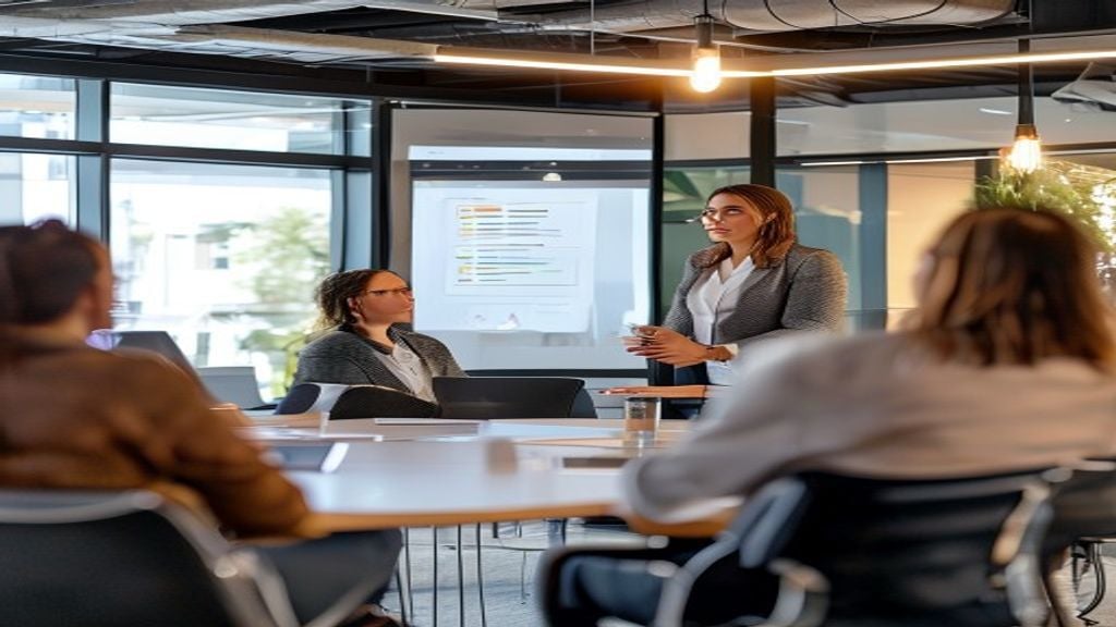 Professional delivering training presentation team will use in modern conference room with engaged audience