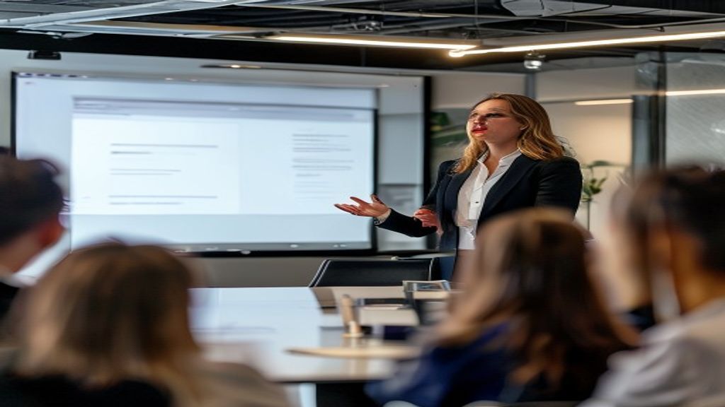 Professional presenter demonstrating how to make a presentation more persuasive with clear slides and engaged audience