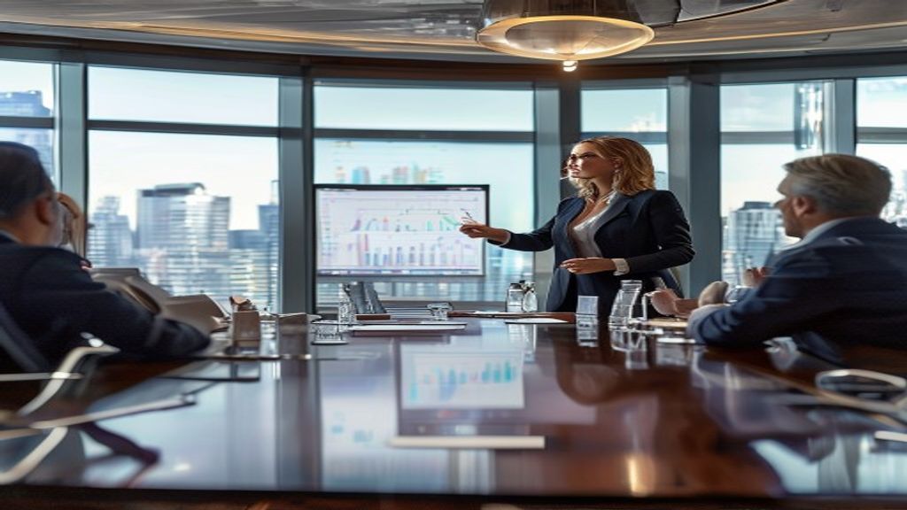 Professional executive presenting board presentation with clear data to engaged board members in modern conference room