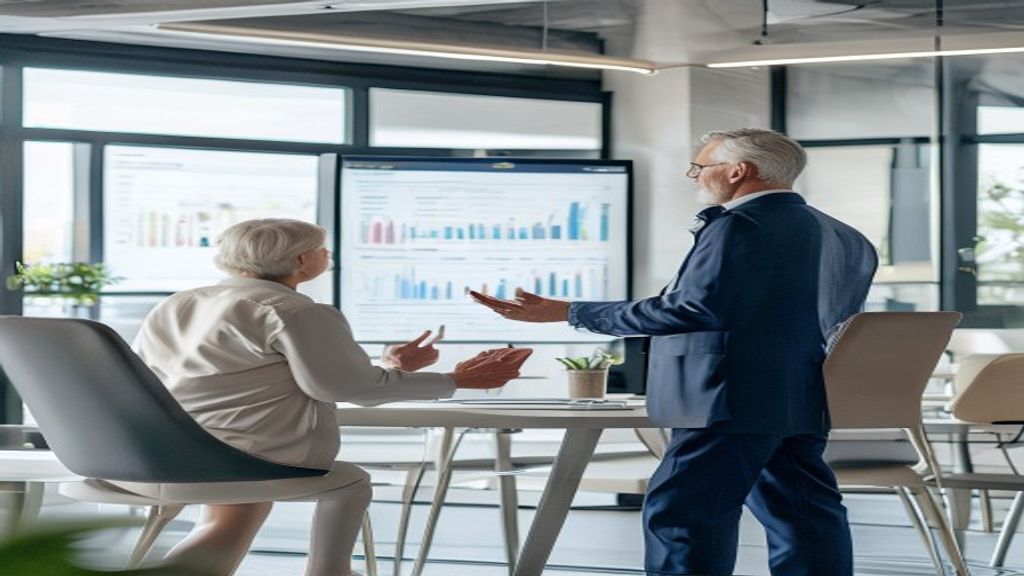 wealth management advisor presenting professional presentation to clients in modern office