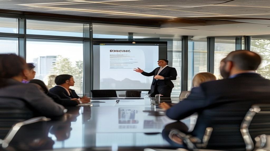 Professional facilitator delivering workshop with minimal slide deck to engaged executives