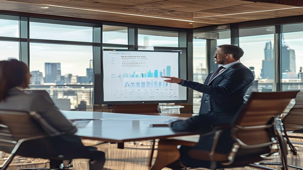 Consultant presenting a consulting proposal on a boardroom screen with ROI metrics