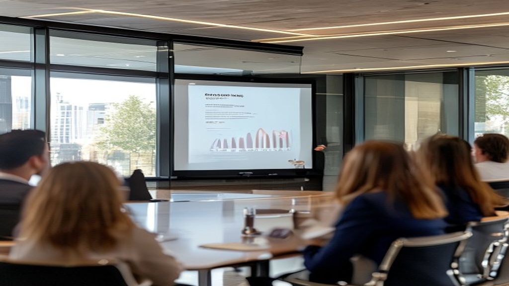 Professional presenter delivering a business presentation with clean slide design and engaged audience