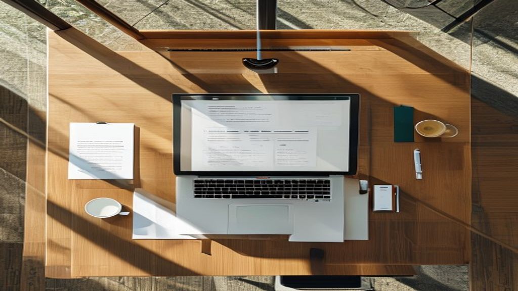 Executive presentation slide layouts displayed on laptop at conference table with professional materials