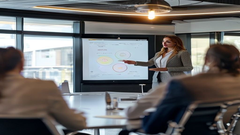 Female founder presenting competitive analysis slide to investors in modern boardroom