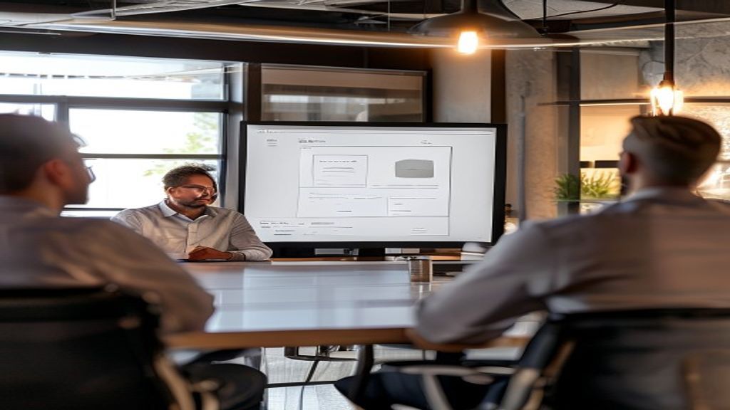 Sales manager presenting training deck to sales reps at conference table with clean slide design