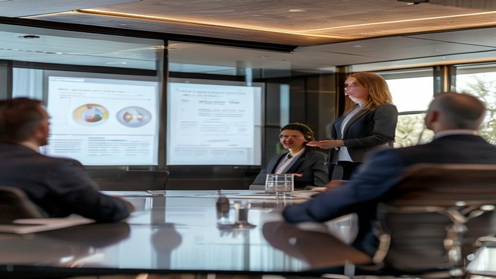 Consultant presenting case study metrics to engaged clients in conference room