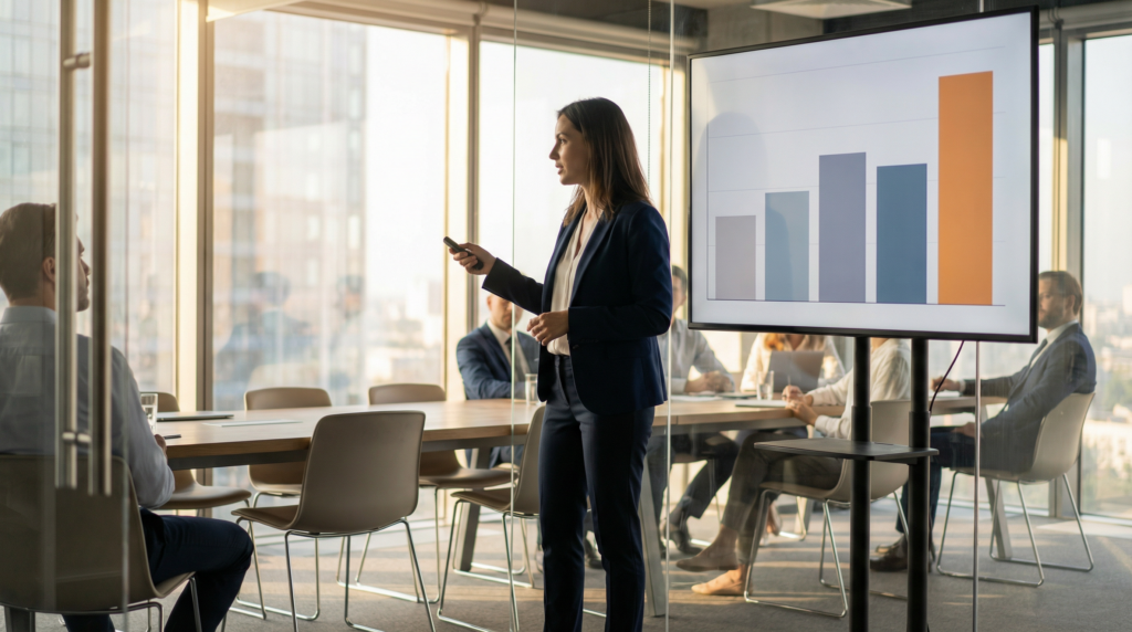 Professional presenting clean data visualization in modern conference room during business presentation