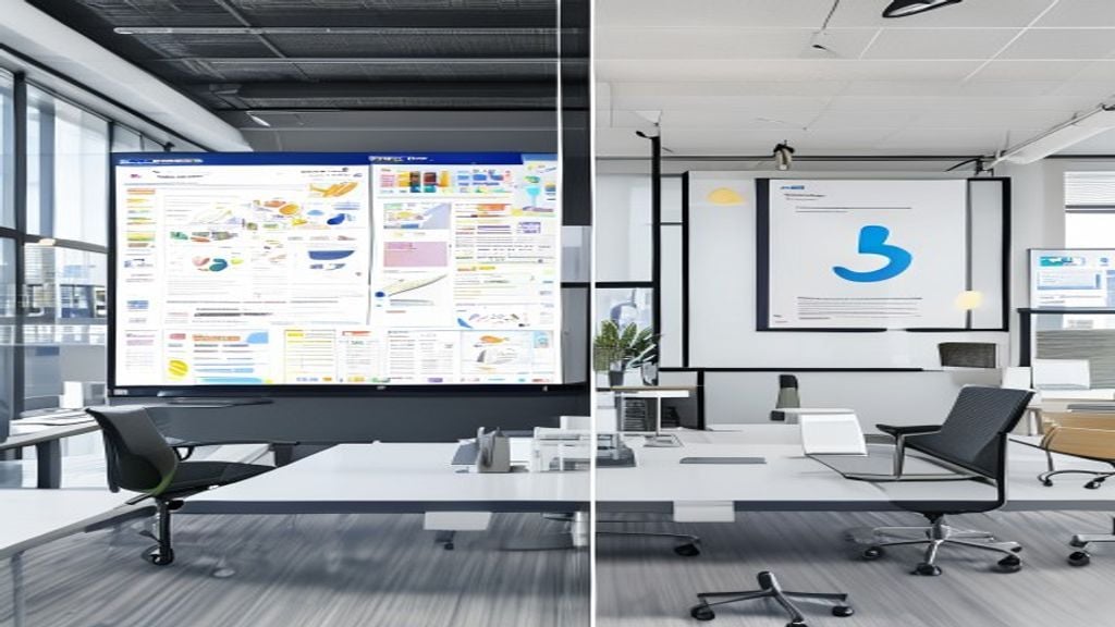 Professional woman reviewing PowerPoint slides on laptop showing clear, minimal design with strong visuals