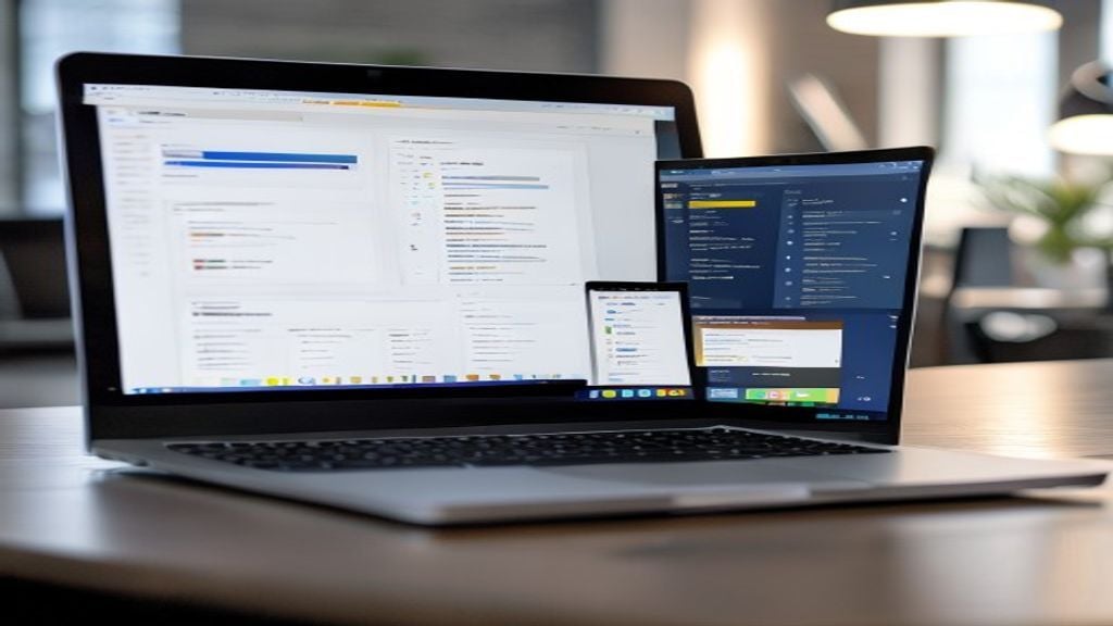 Professional presentation designer comparing presentation software tools on laptop screen