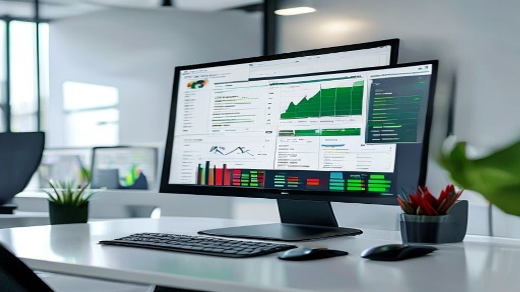 Financial dashboard with color-coded metrics green and red on dark background