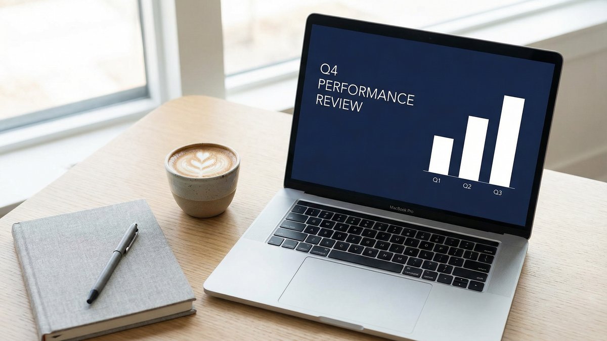 Laptop displaying a professional PowerPoint presentation with navy blue theme