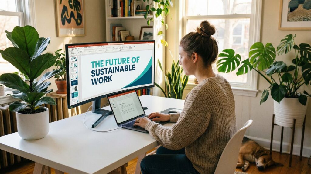 Woman working on a professional PowerPoint presentation at her home office desk