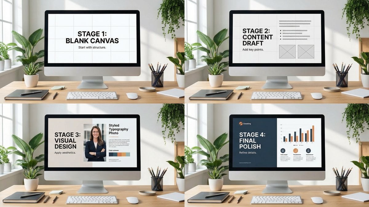 Step-by-step process of building a presentation slide from blank canvas to finished design