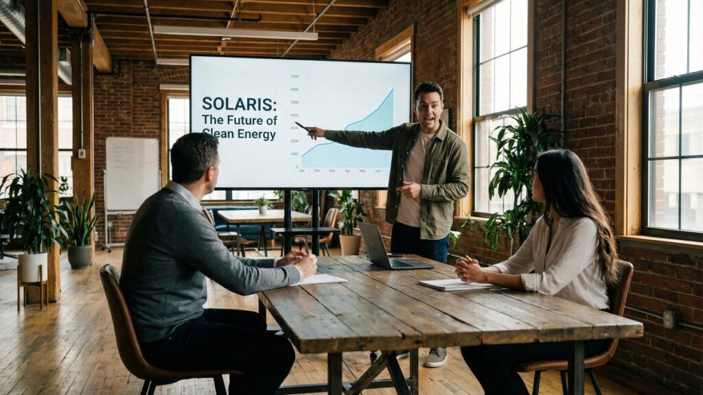 Entrepreneur presenting a pitch deck to investors in a modern co-working space