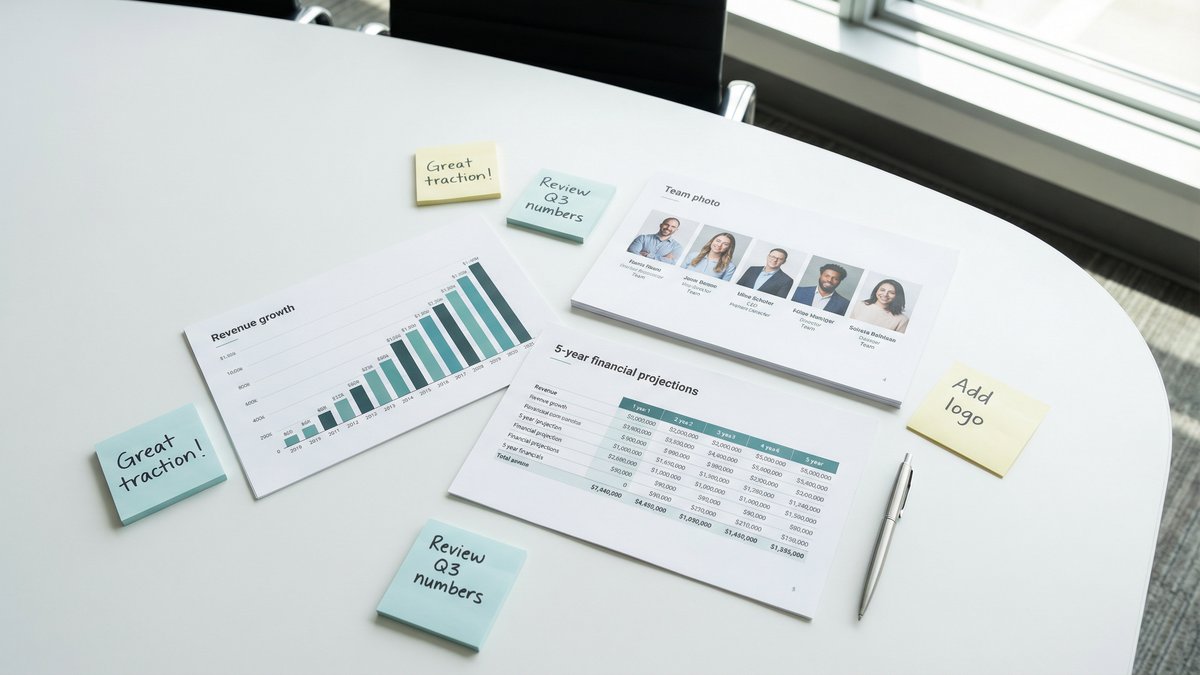 Printed pitch deck pages with financial projections and team slides on a conference table