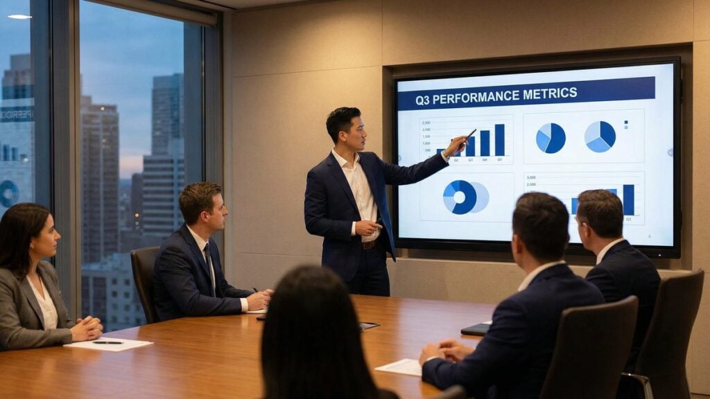 Consultant presenting a professional slide deck in a boardroom