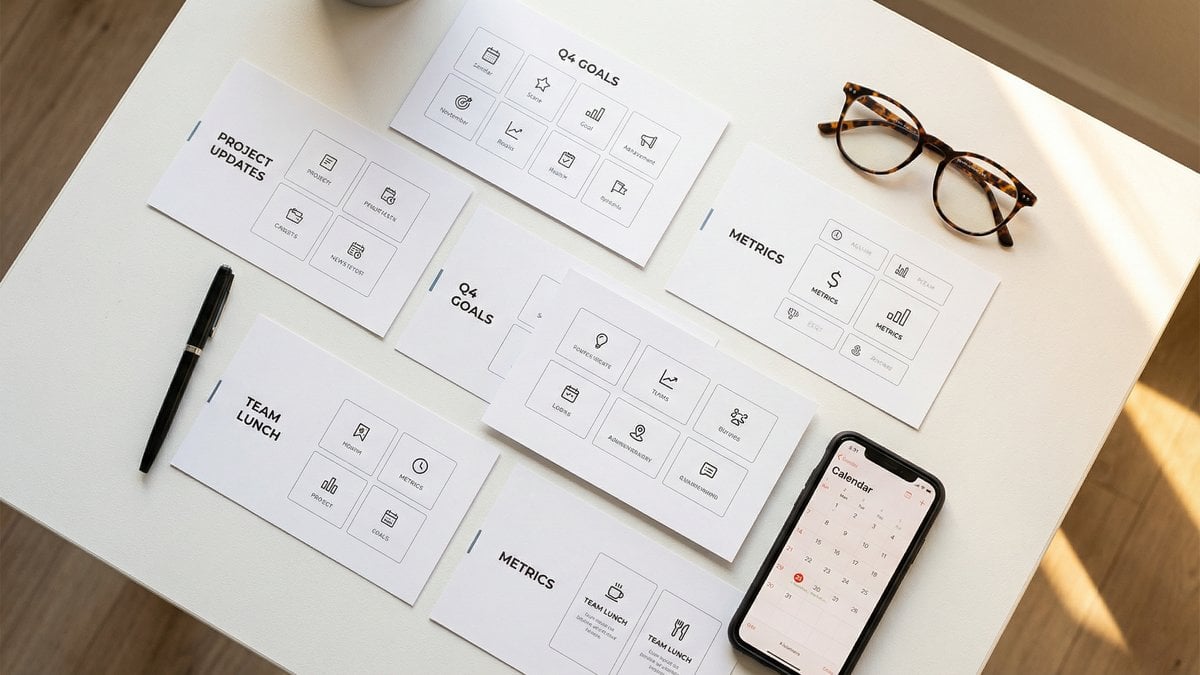 Printed slide deck with clean grid layouts on a white desk