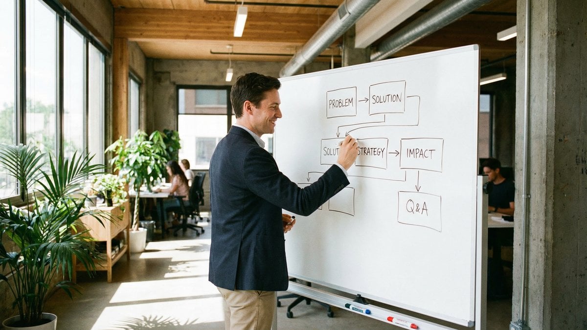 Consultant sketching presentation structure on a whiteboard