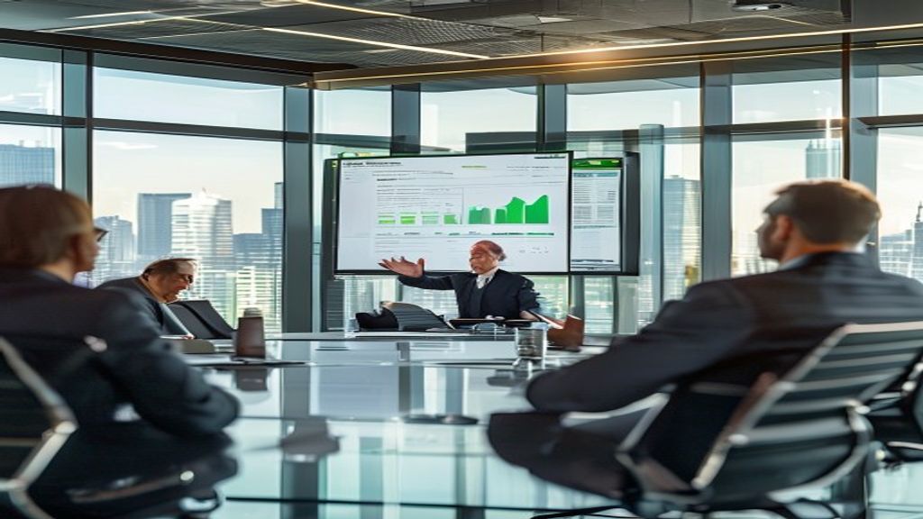 Executive presenting quarterly business review presentation in boardroom with clean data visualization