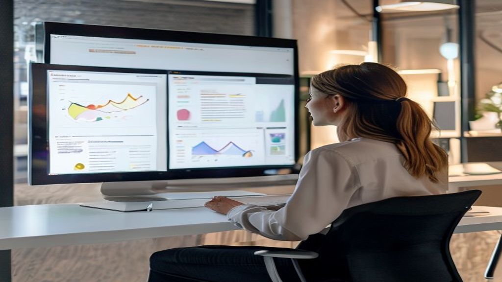 Presentation designer reviewing pitch deck storytelling slides on monitor with three-act narrative structure