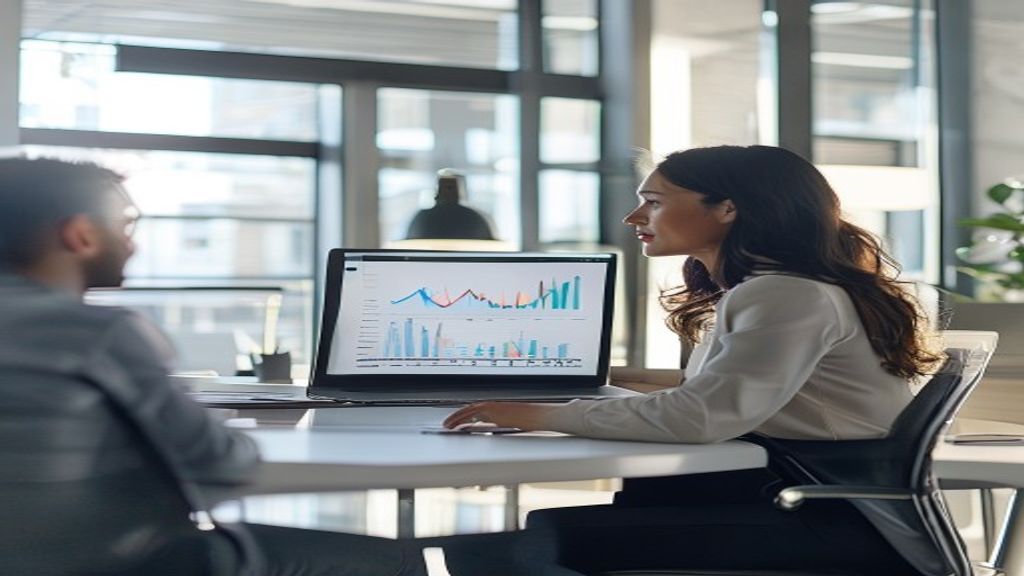 Professional presenting market research presentation on laptop to colleague