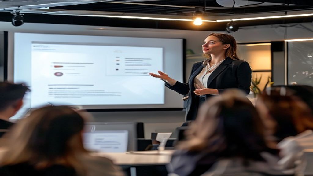 Professional woman presenting webinar with high-converting presentation slides on screen