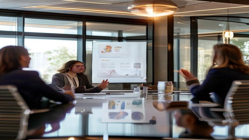 Professional woman presenting sales proposal to clients in modern boardroom with clear, minimal slides