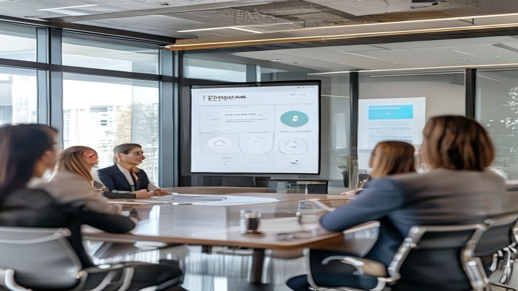 Professional presenting social media strategy presentation to stakeholders in modern conference room