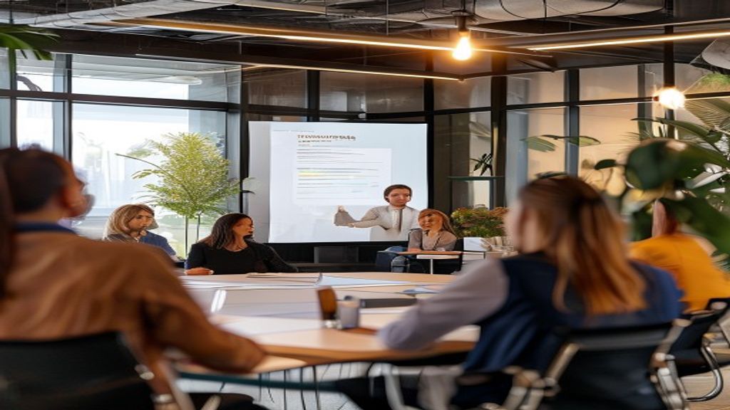 HR training deck designer presenting custom training slides to engaged employees in conference room