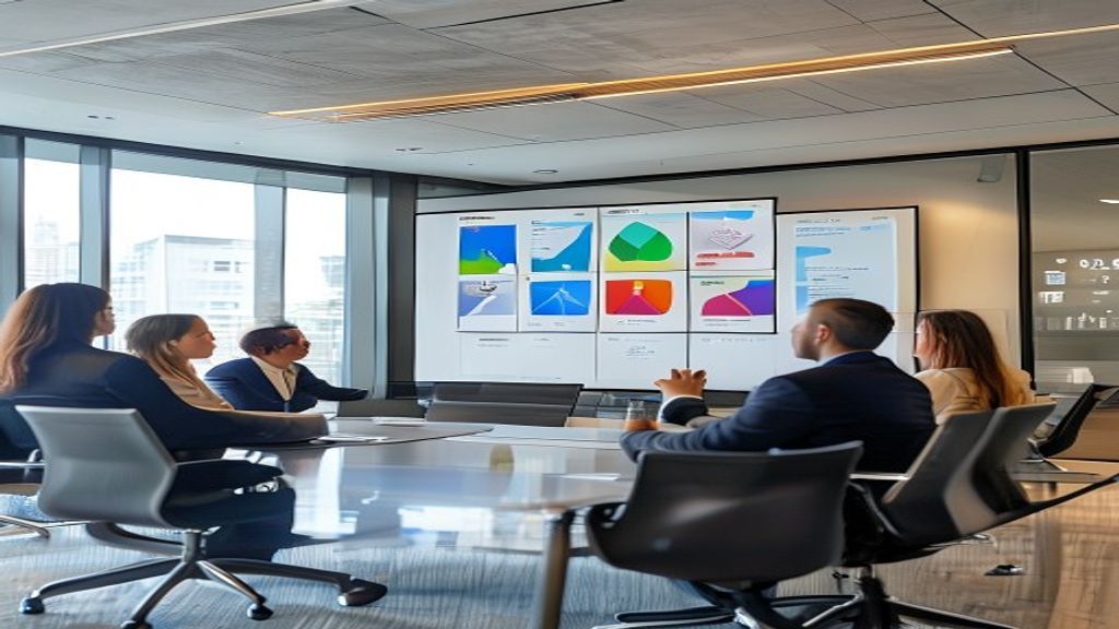 Executive presenting SWOT analysis visually on screen with color-coded quadrants in modern conference room