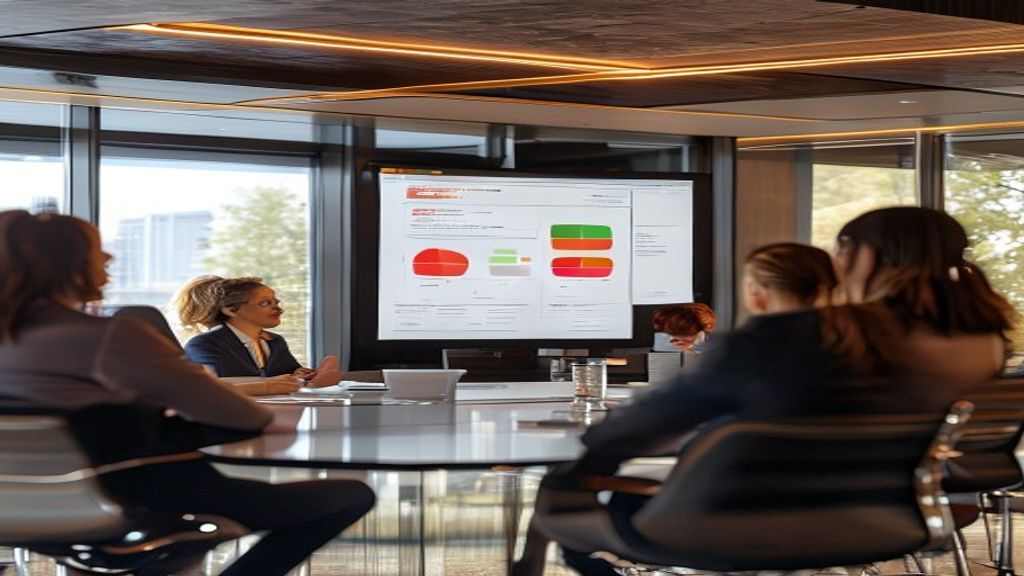 Professional presenting project status update presentation with RAG status indicators in modern boardroom