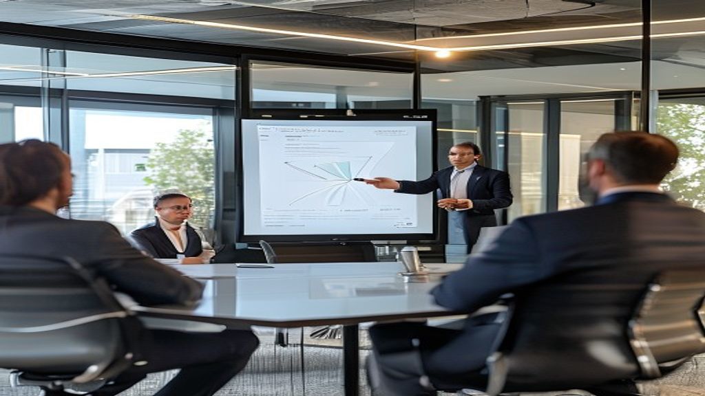 Professional presenting slide deck structure to executives in modern conference room