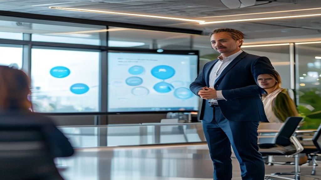 Professional presenter explaining a competitive landscape slide to investors in modern boardroom