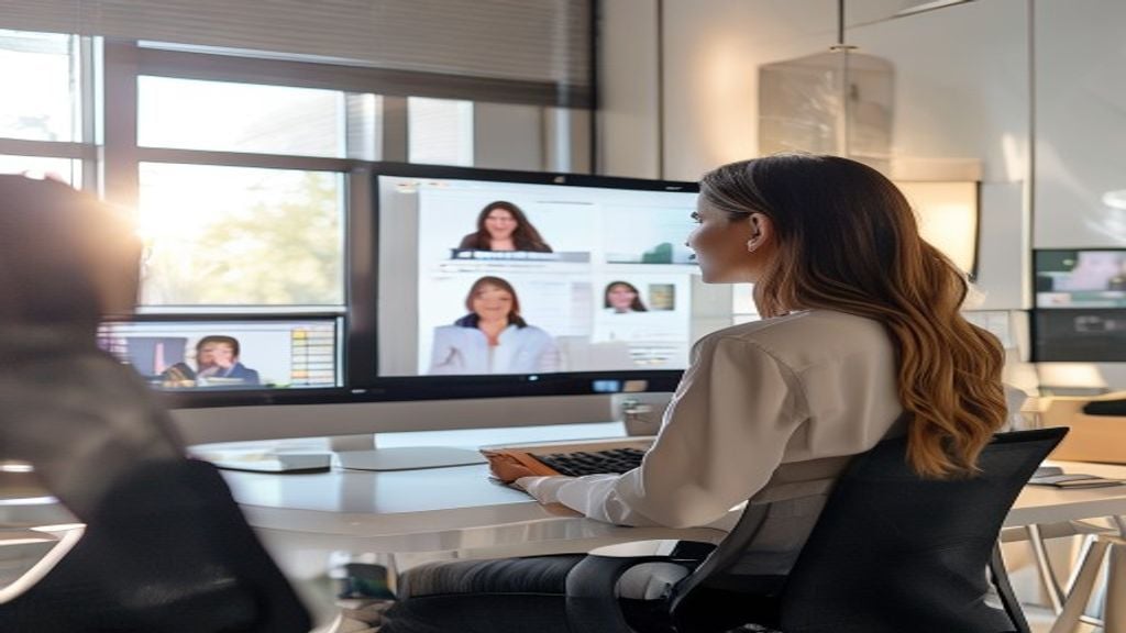 Woman designing presentation for remote audience, showing large readable text and high contrast colors on monitor