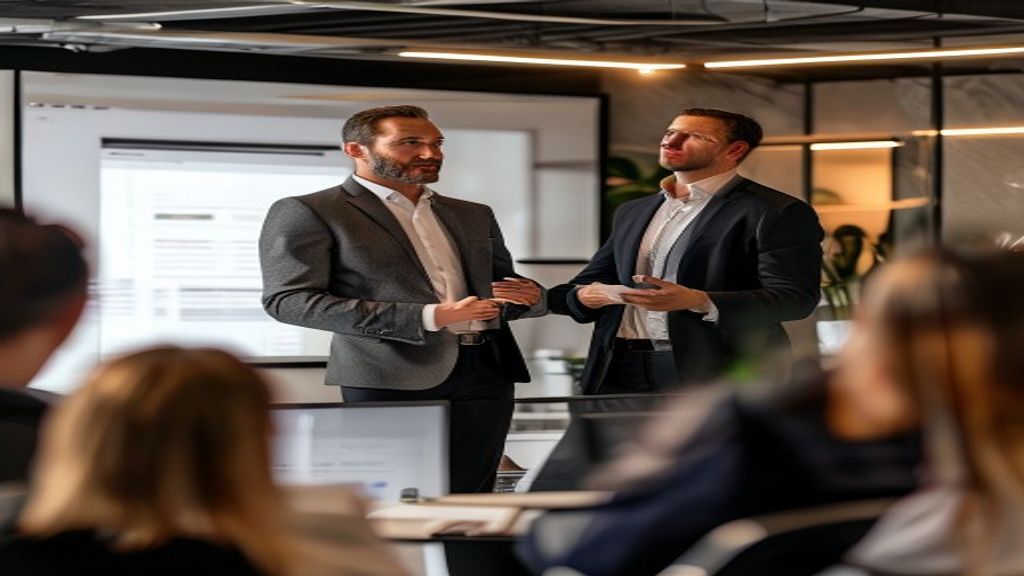 Business professional presenting business storytelling slides to an engaged audience in a modern office