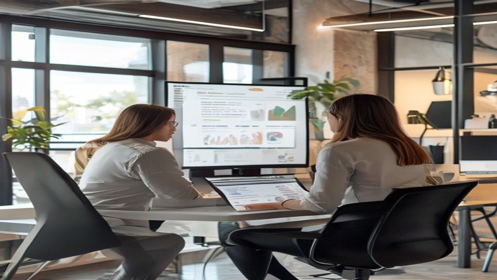 Presentation designer reviewing customer success story presentation slides on monitor