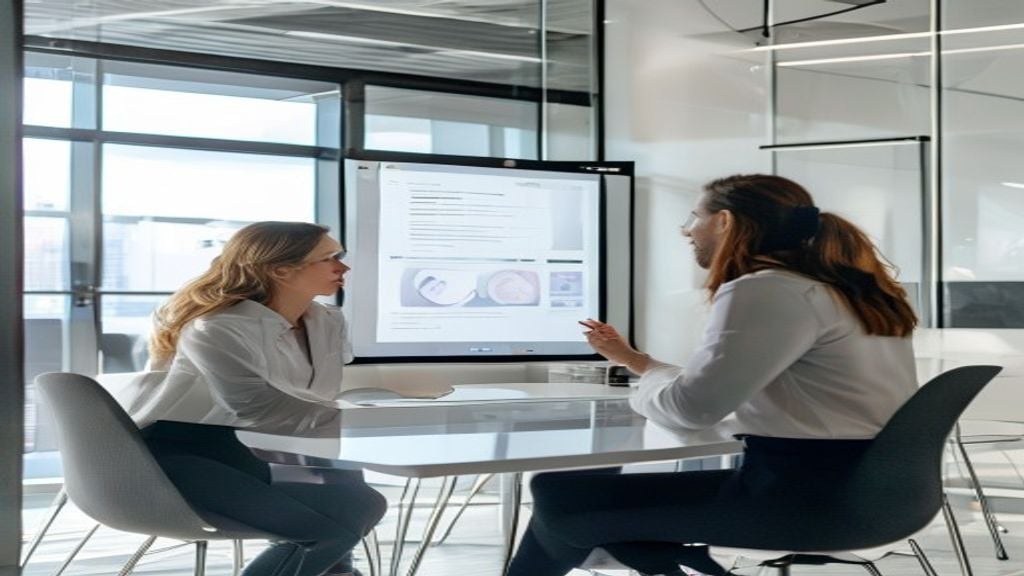 Professional presenting product demo that sells to attentive prospect in modern office meeting