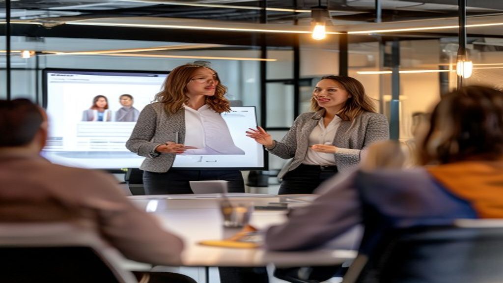 Presenter delivering a team introduction presentation to engaged audience in conference room