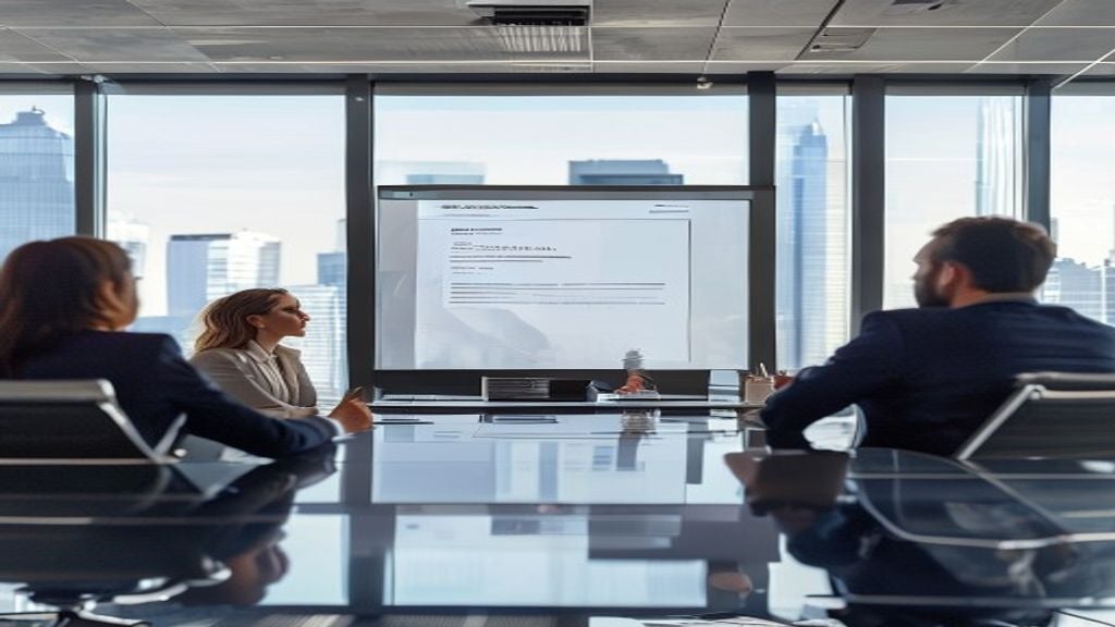 Professional presenting new business idea to partners in conference room with focused slide deck