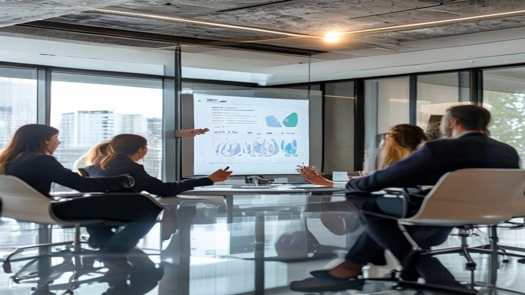 Executive presenting strategic plan to leadership team in modern boardroom