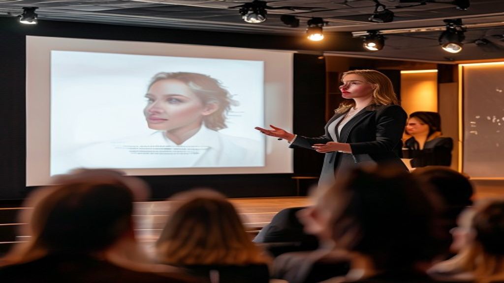 Professional presenter delivering TED-style presentation with minimal, elegant slide design